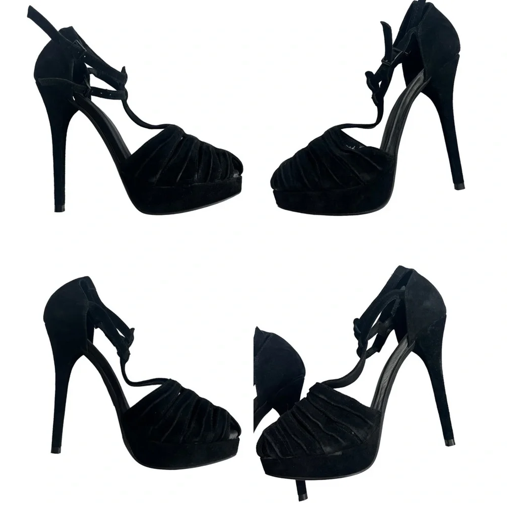 JOIE Women’s Sz. 36.5 M Rexanne Black Suede Double Buckle Closed Toe Pumps Heels